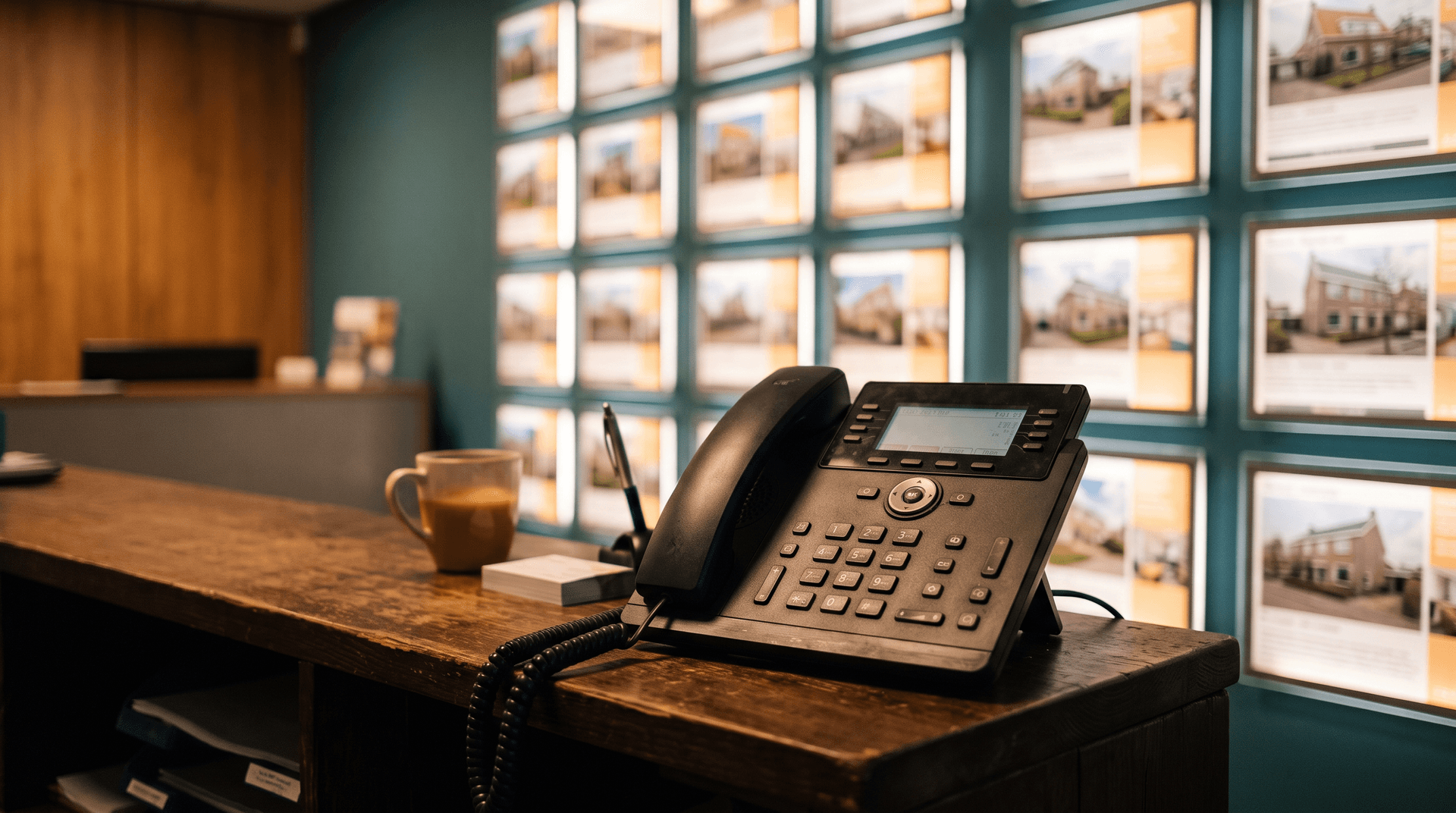 Telefoon op een balie met op de achtergrond woningpresentaties