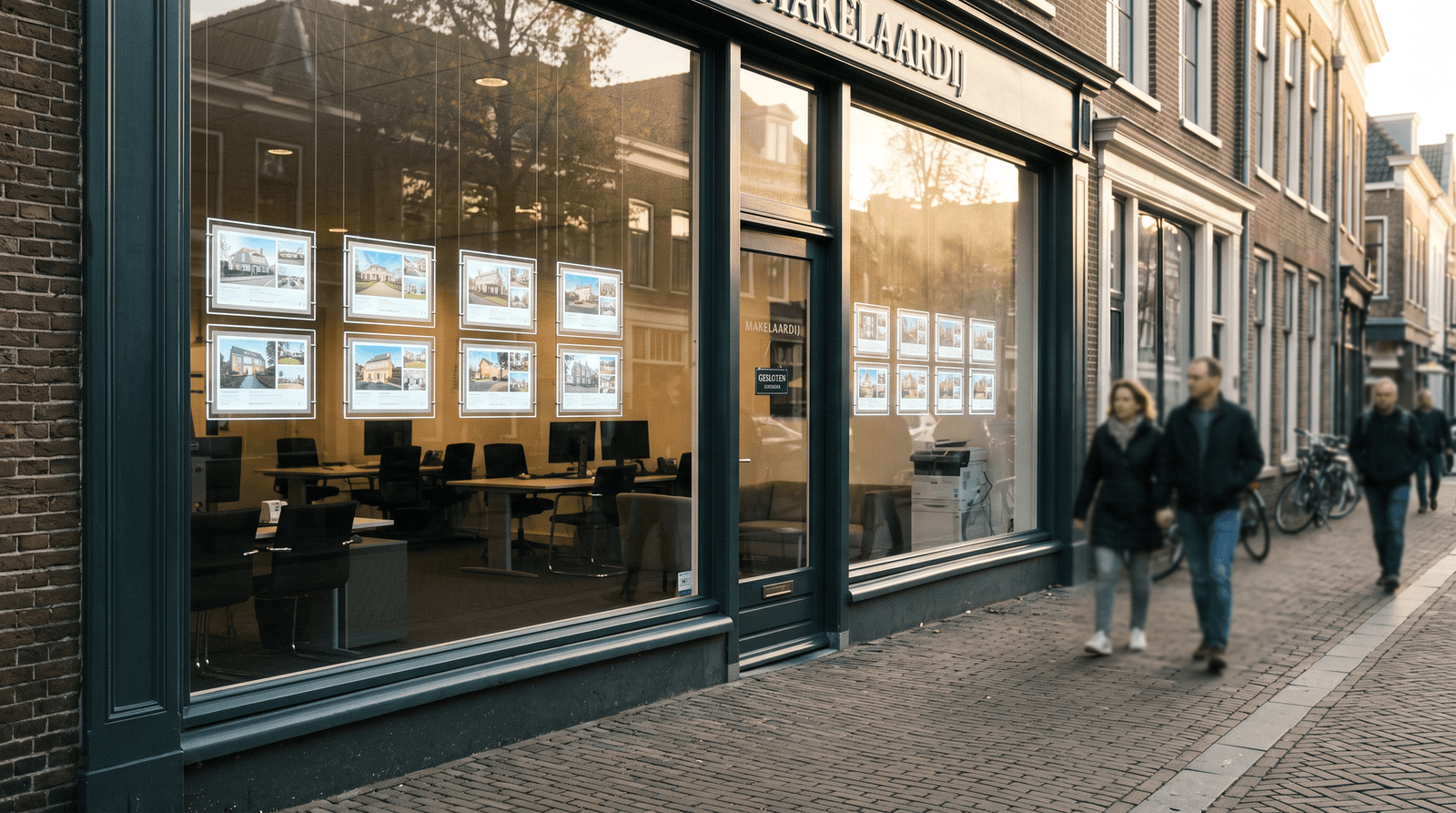 Gesloten makelaarskantoor op zaterdag met verlichte woningpresentaties in de etalage
