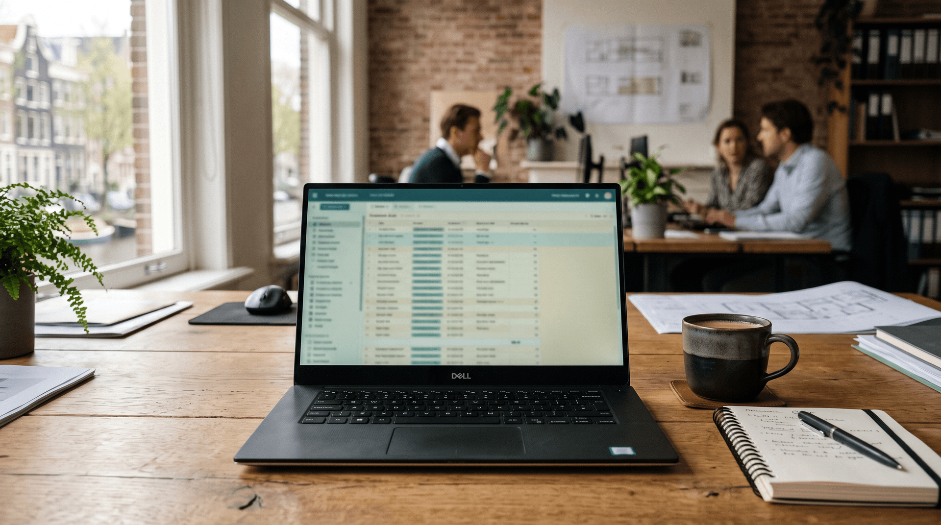 Laptop met CRM-scherm op het bureau van een makelaarskantoor