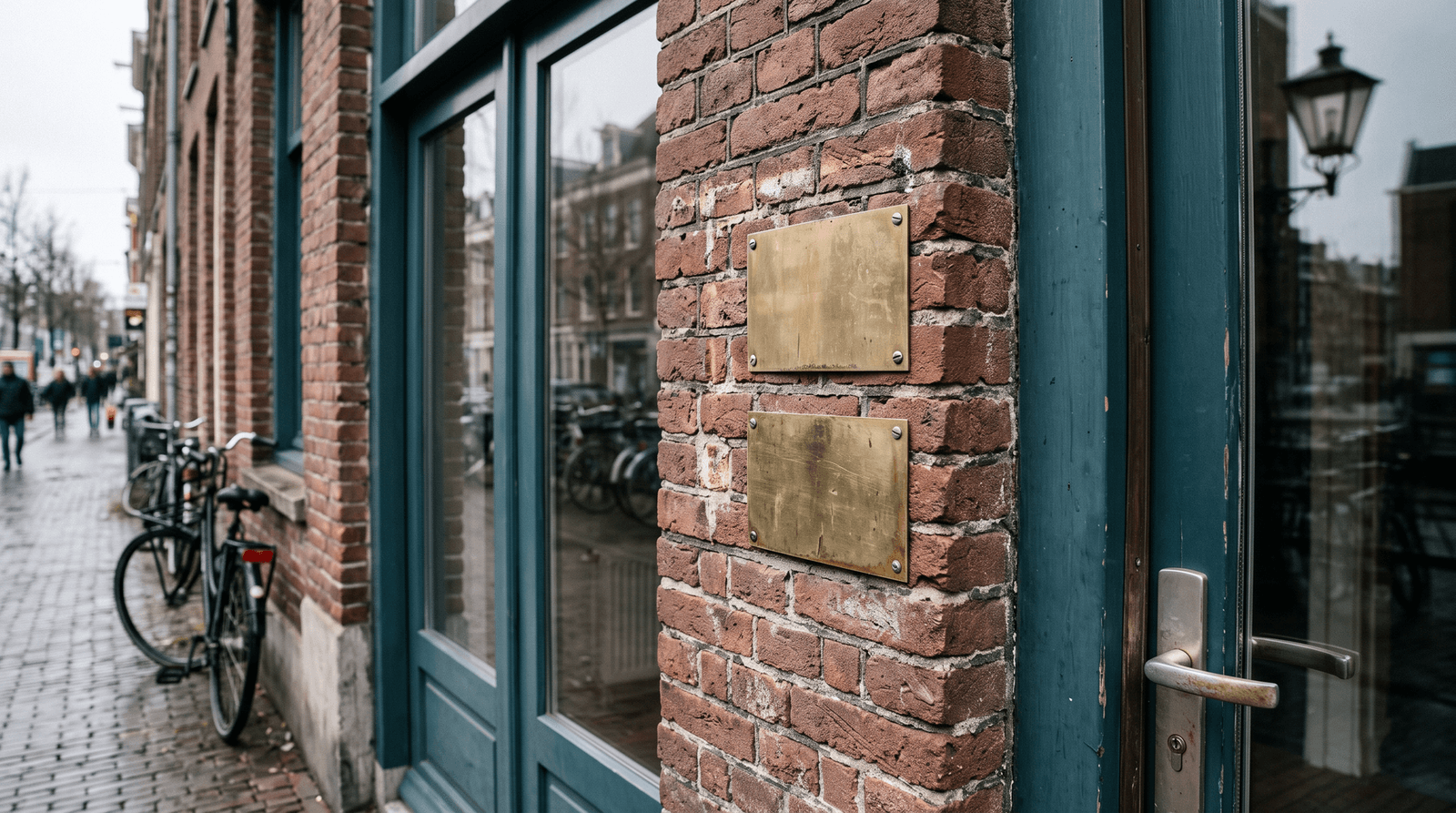 Gevel van een makelaarskantoor met brancheschildjes naast de deur