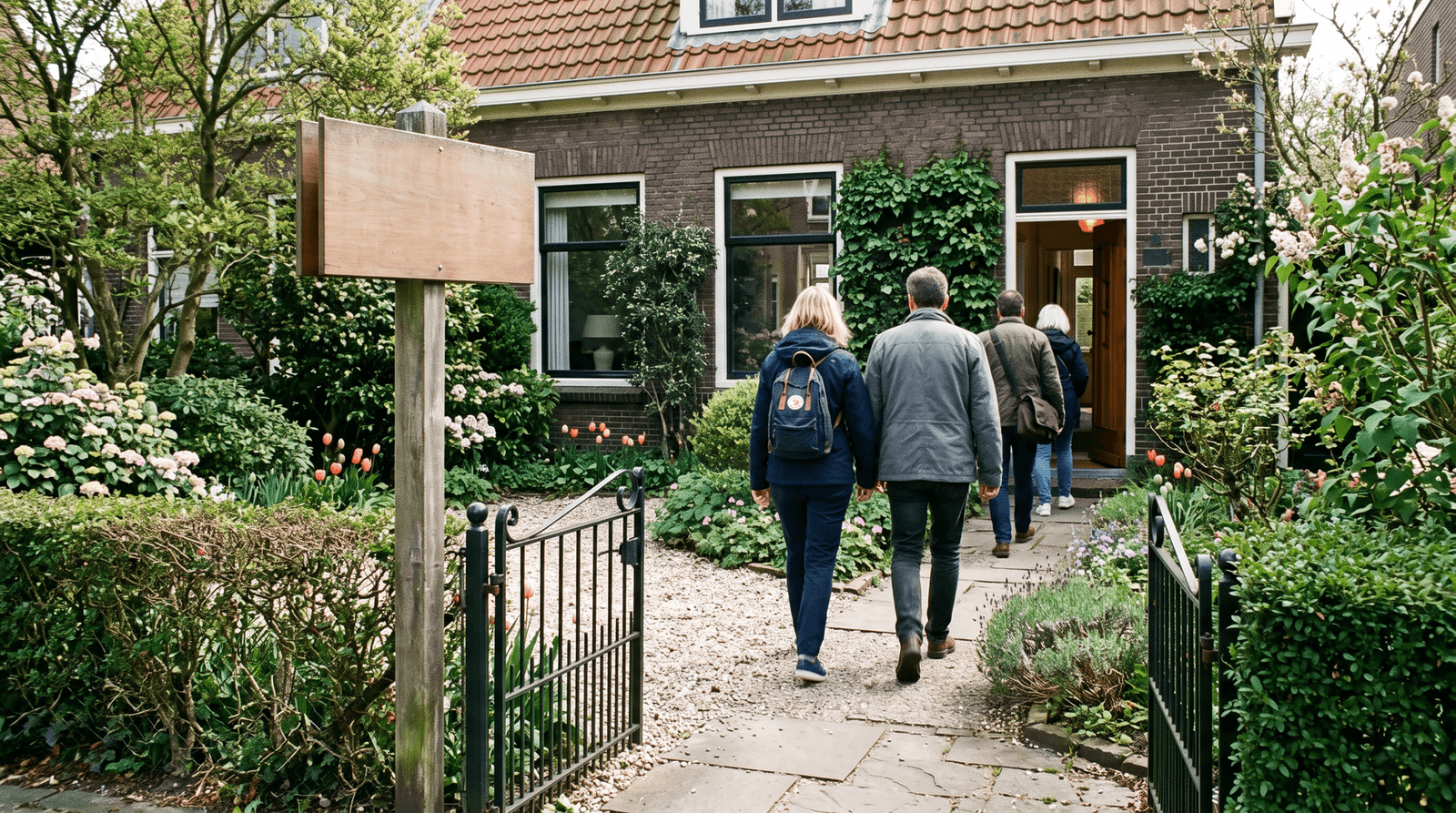 Open huis bordje in een voortuin met bezoekers op de achtergrond