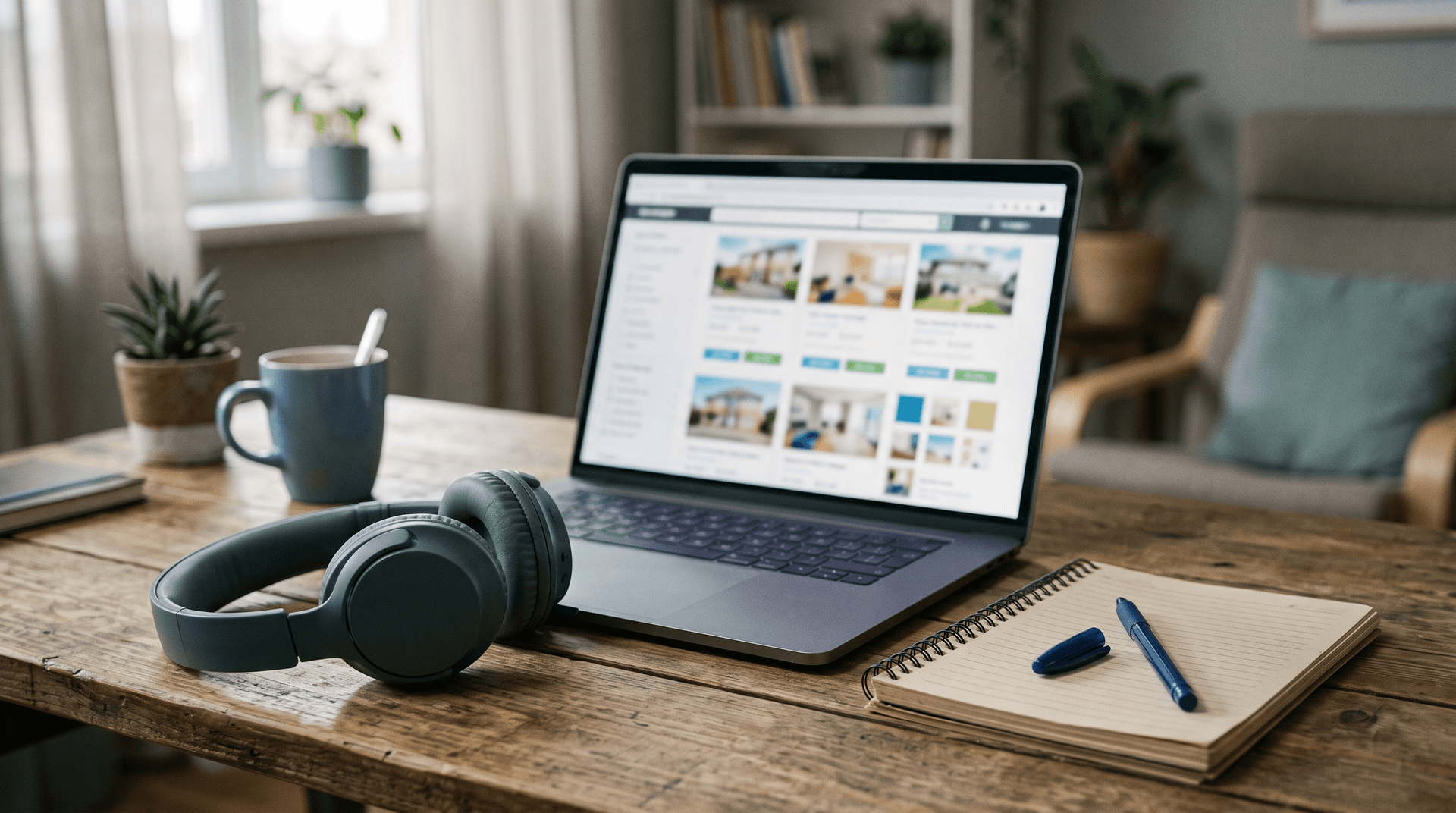 Headset naast een laptop met woningaanbod op het scherm