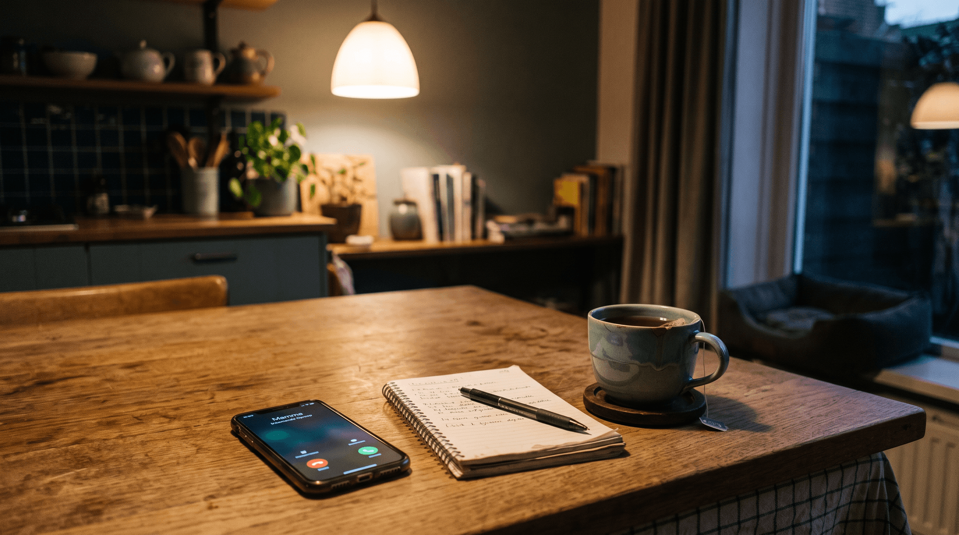 Keukentafel met woningpapieren en een telefoon die overgaat