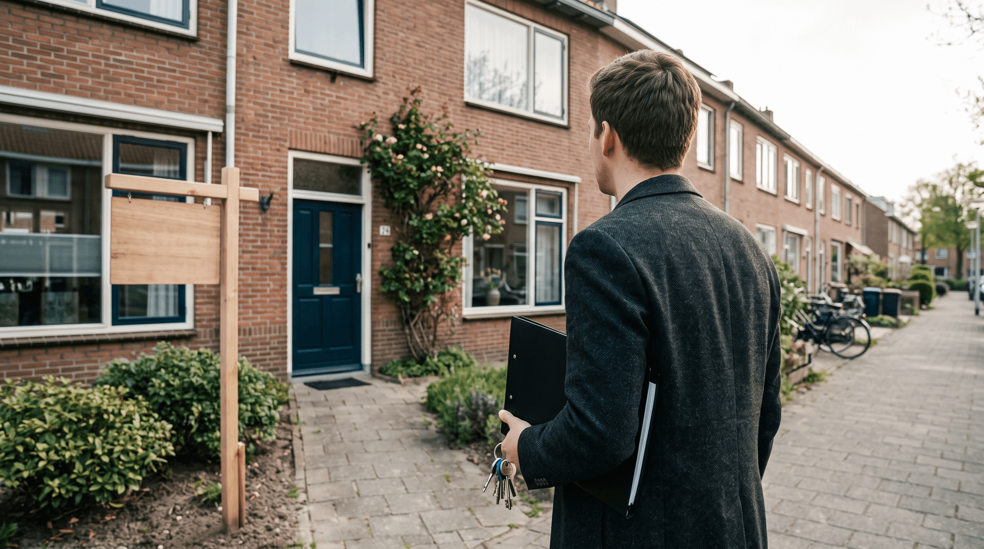 Startende makelaar met sleutelbos voor een woning met verkoopbord